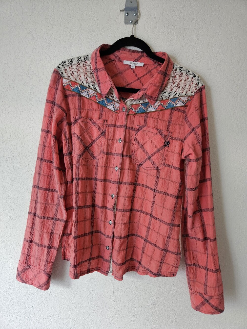 Miss Me Coral Plaid Lace-Trim Button-Down Shirt